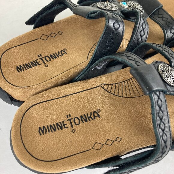 Minnetonka Womens Sz 6 Black Leather Strappy Sandals Slip On Slide Flats - Picture 5 of 7
